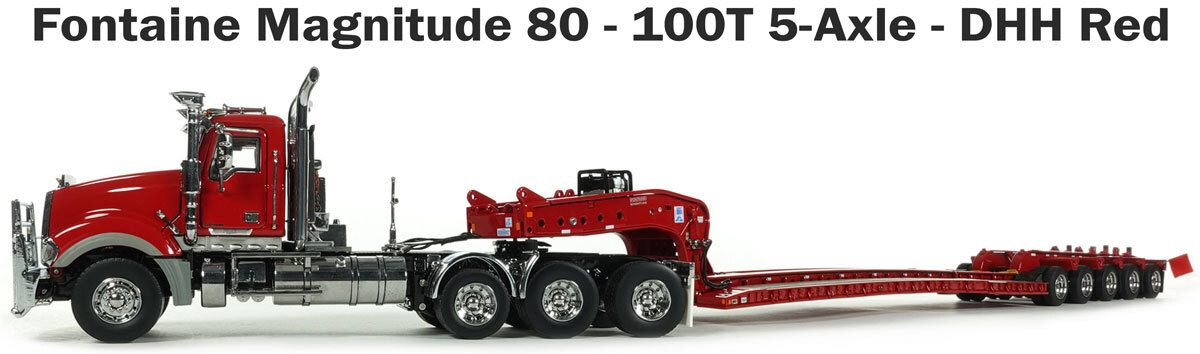 Mack Titan with 1:50 SCale Diecast Model of Fontaine Magnitude 80 - 100-Ton 5-Axle Drop Side Rail Trailer - DHH Red