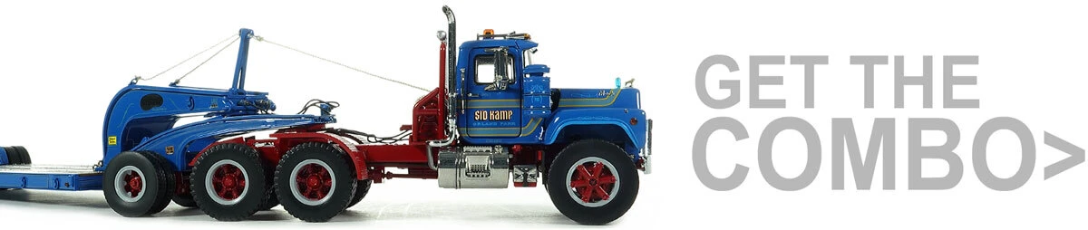Combo of 1:50 Scale Diecast Model of 1960s Talbert 60-Ton Cableneck Lowbed with Single-Axle Dolly - Sid Kamp Trucking