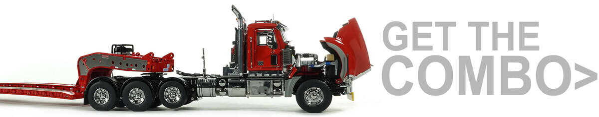 1:50 Scale Diecast Model of Fontaine Magnitude 80 - 100-Ton 5-Axle Drop Side Rail Trailer - Viper Red with Viper Red Mack Tri-Axle Titan