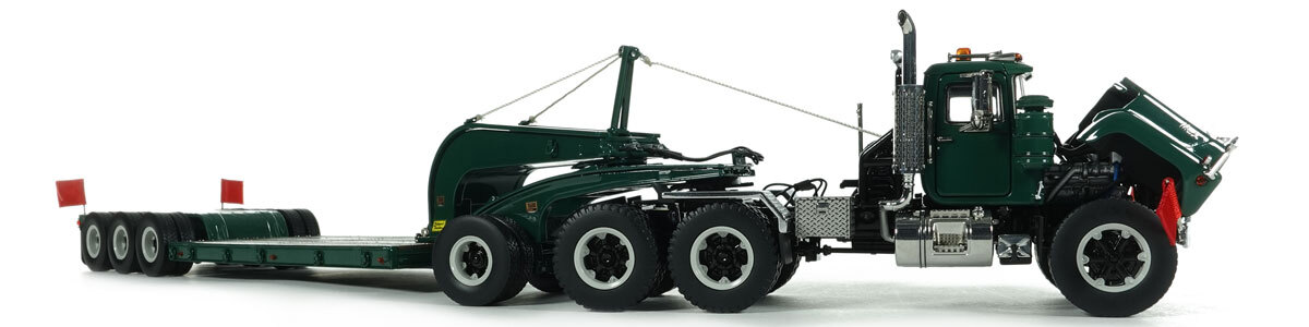 1:50 Scale Diecast Model of Mack R600 with Talbert 60-Ton Cableneck Lowbed Trailer - Green 6005