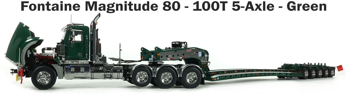 Mack Titan with 1:50 Scale Diecast Model of Fontaine Magnitude 80 - 100-Ton 5-Axle Drop Side Rail Trailer - Green 6005