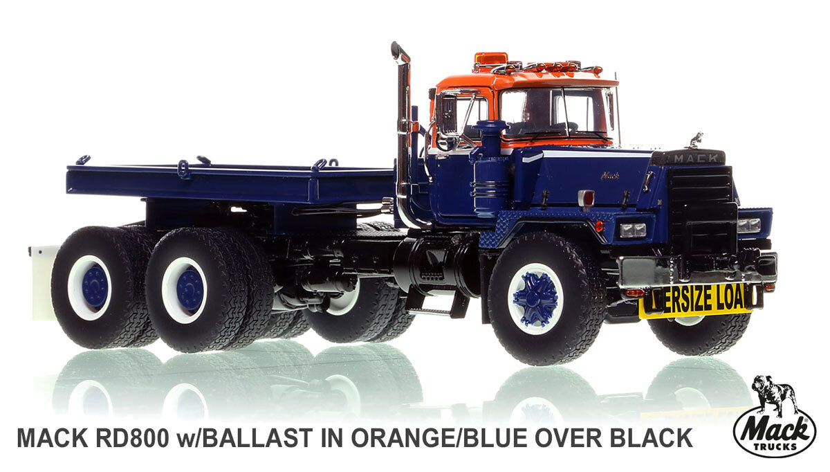 1:50 scale model of  Mack RD800 Tandem Axle Tractor with Ballast Tray - Orange/Blue over Black