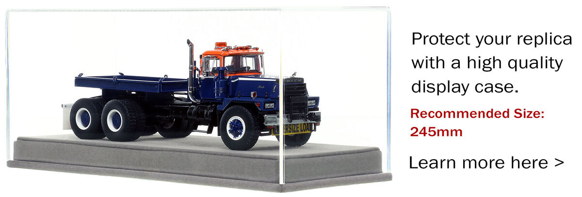 Display case for Mack RD800 Tandem Axle Tractor with Ballast Tray - Orange/Blue over Black