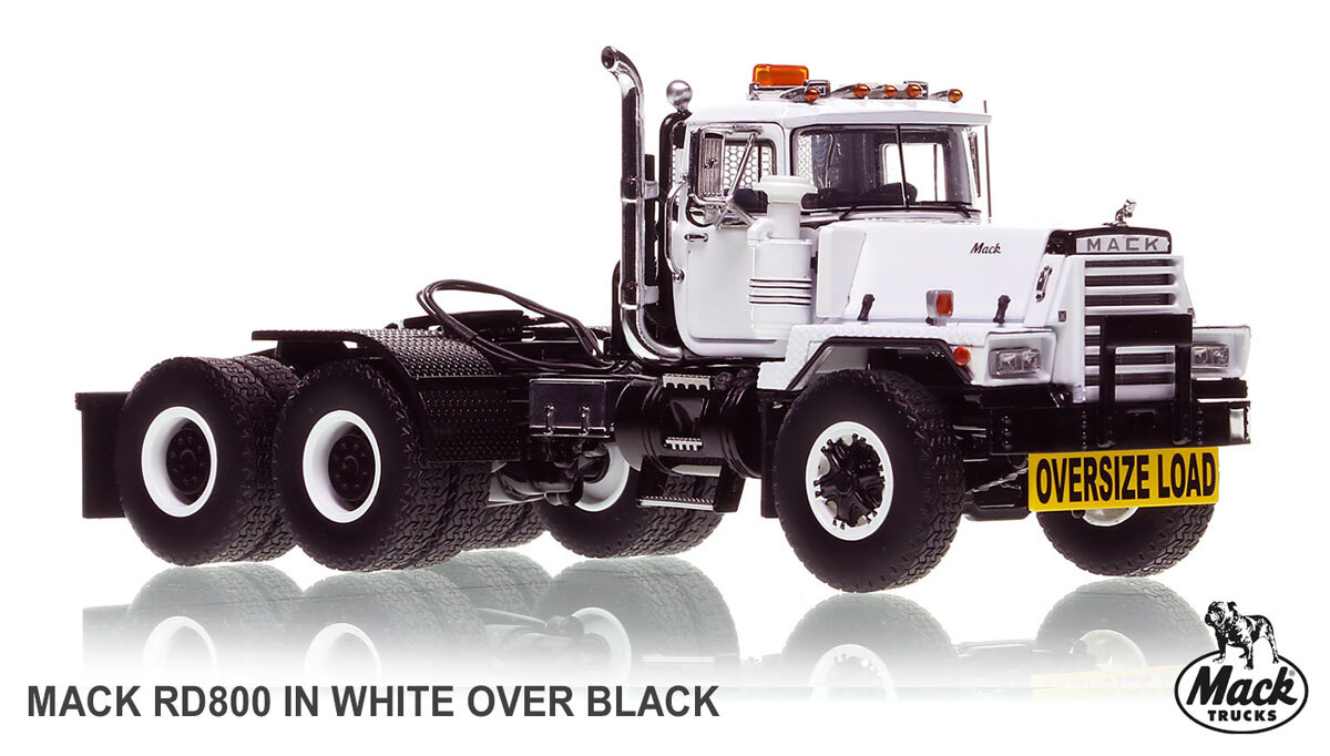 1:50 scale model of Mack RD800 Tandem Axle Tractor - White over Black