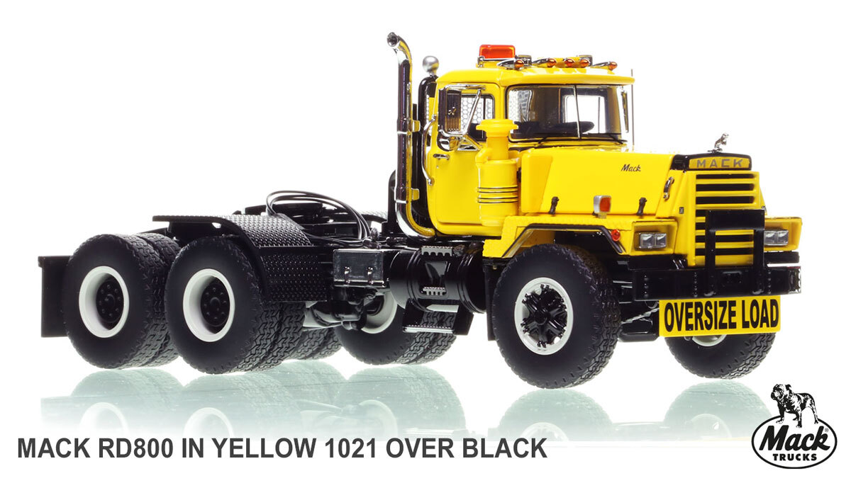 1:50 scale diecast model of Mack RD800 Tandem Axle Tractor - Yellow over Black