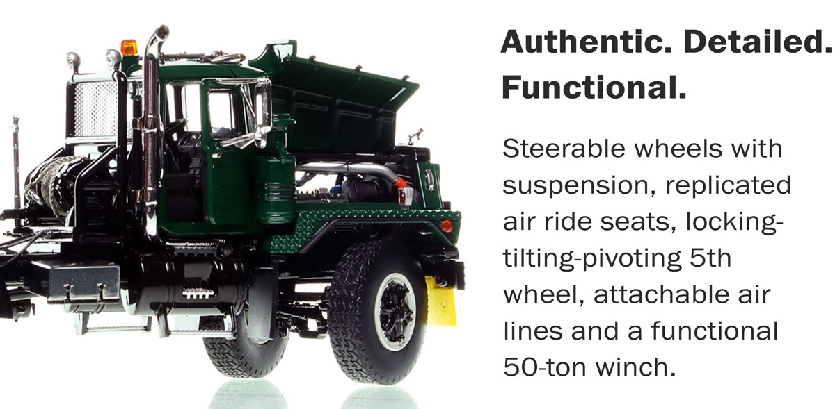 Functionality of the  1:50 scale Mack RD800 Tandem Axle Tractor - Green over Black