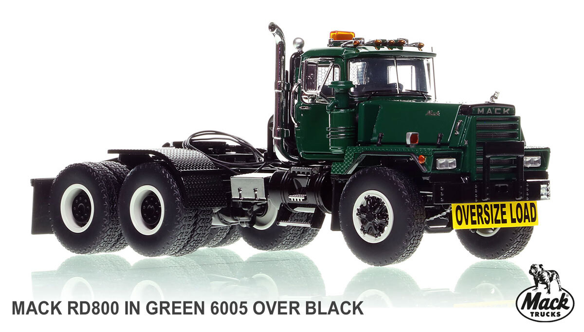 1:50 scale model of Mack RD800 Tandem Axle Tractor - Green 6005 over Black