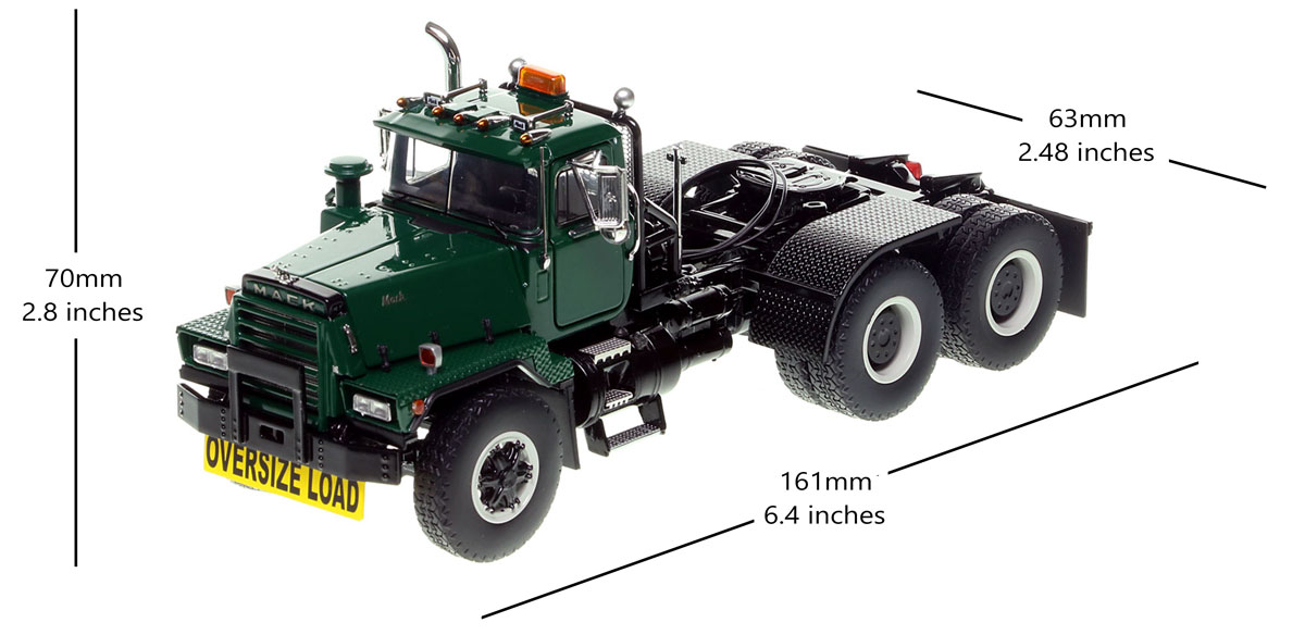 Dimensions of the 1:50 scale Mack RD800 Tandem Axle Tractor - Green over Black