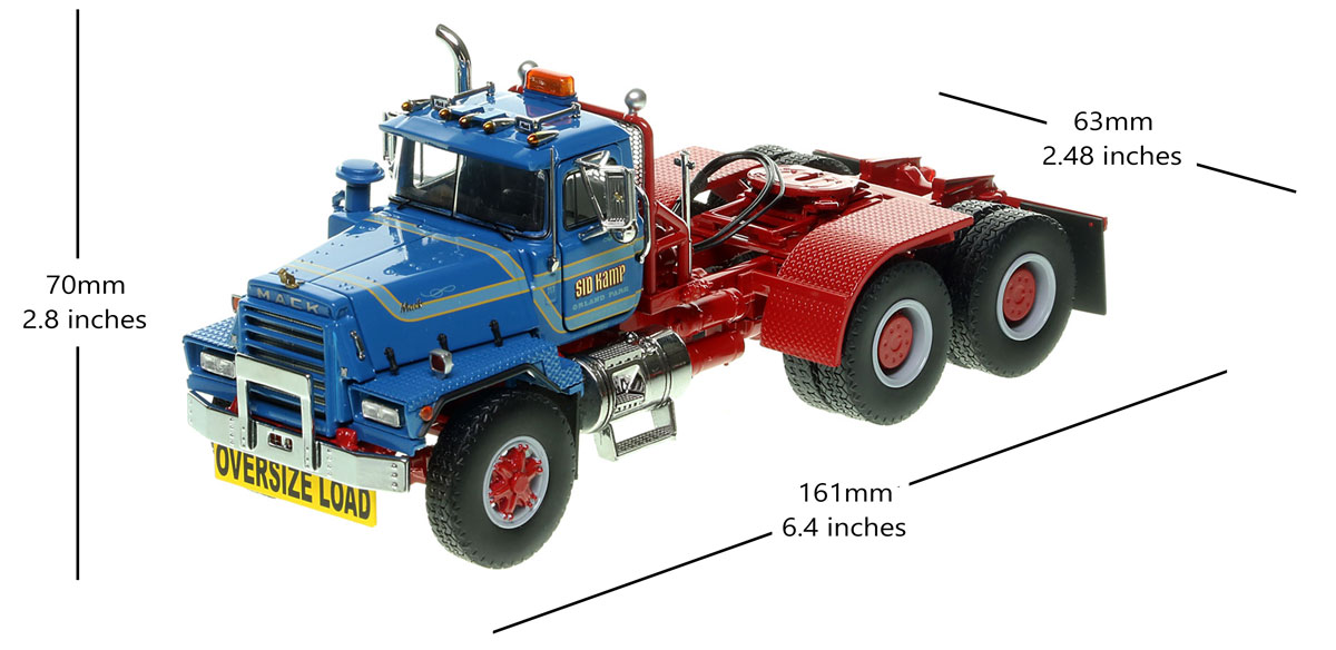 Dimensions of the 1:50 scale Sid Kamp Trucking Mack RD800 Tandem Axle Tractor