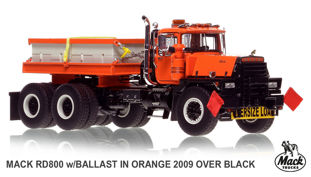 1:50 scale model of Mack RD800 Tandem Axle Tractor with Ballast - Orange over Black