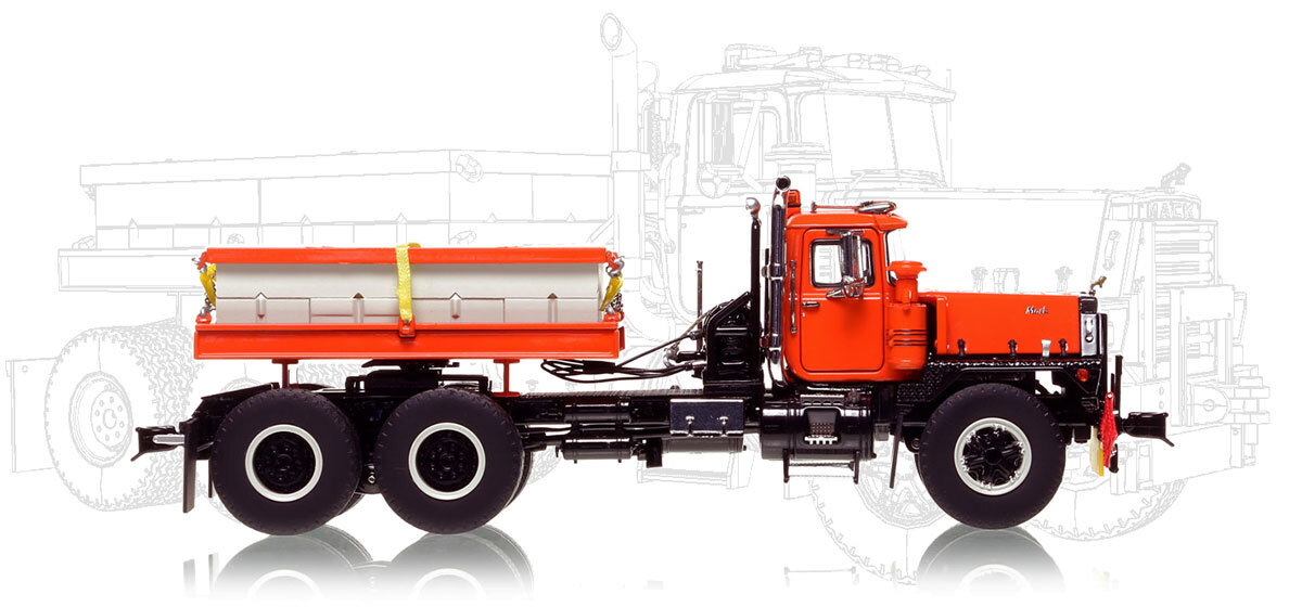 1:50 scale model of  Mack RD800 Tandem Axle Tractor with Ballast - Orange over Black