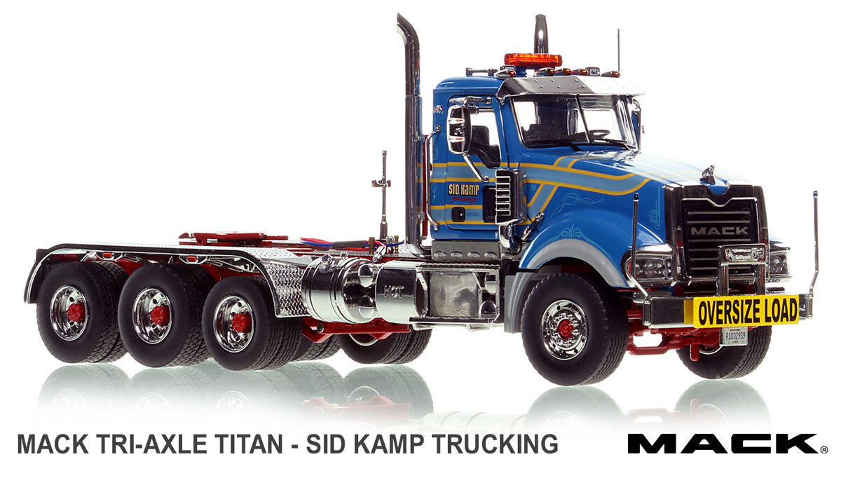 1:50 scale diecast model of Sid Kamp Trucking 2018 Mack Titan Tri-axle Tractor