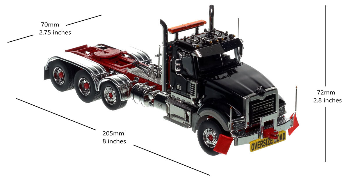Dimensions of the 1:50 scale Mack Titan Tri-axle Tractor - Black over Red