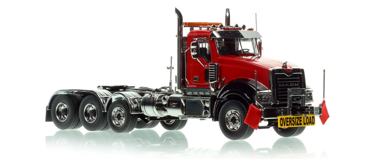 1:50 scale diecast model of Mack Titan Tri-axle Tractor - DHH Red over Black with Black Fenders