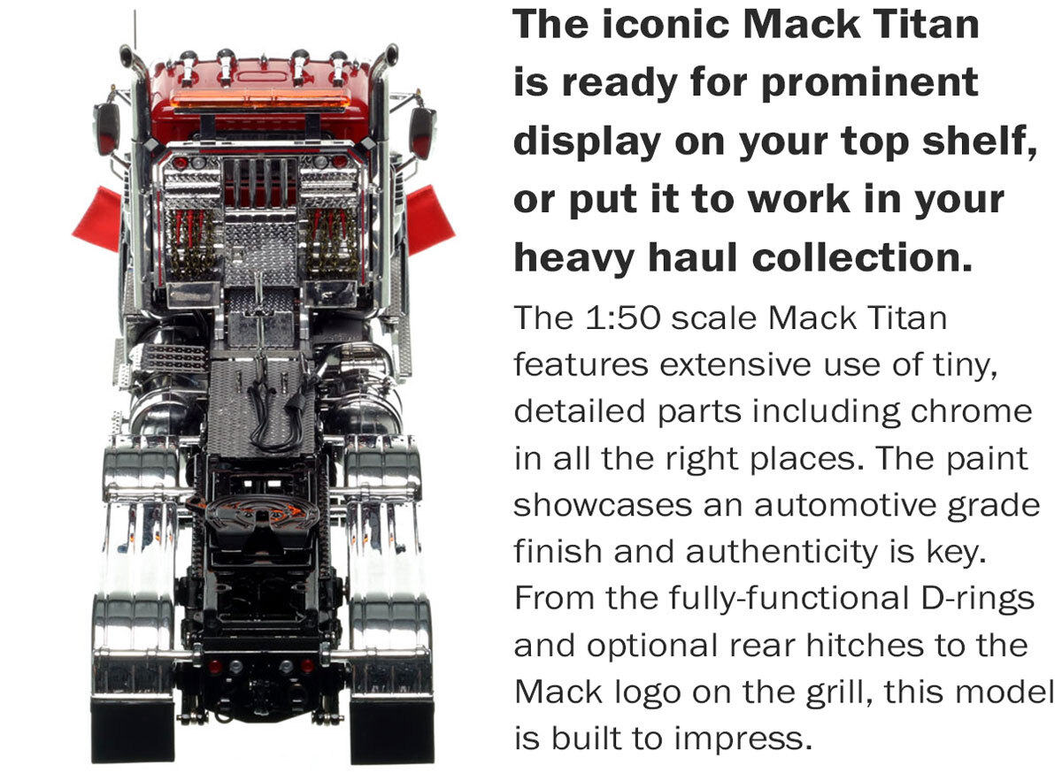 Functionality of 1:50 scale Mack Titan Tri-axle Tractor - Red over Black with Black Fenders