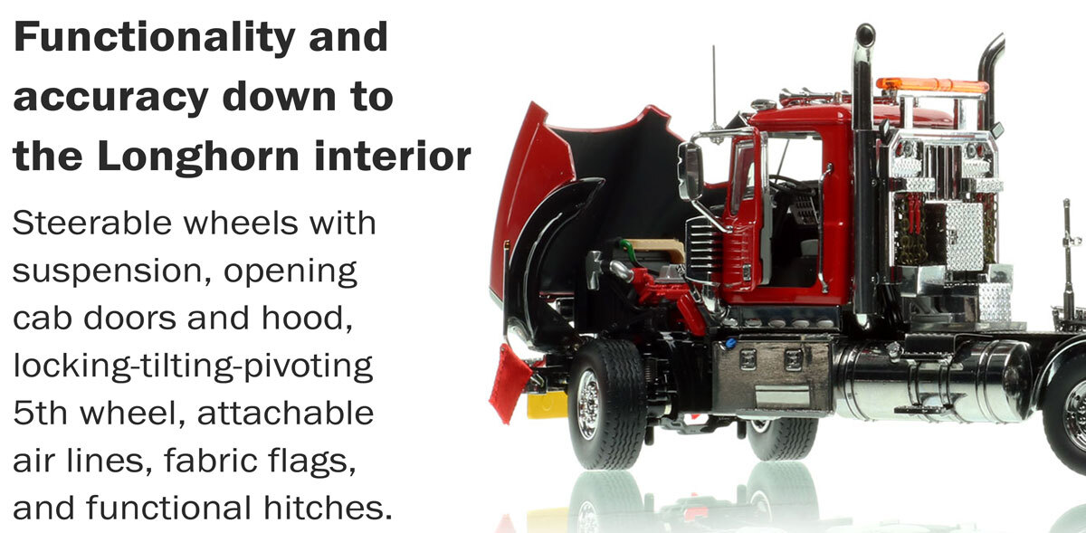 More functionality of the 1:50 scale Mack Titan Tri-axle Tractor - Red over Black with Black Fenders