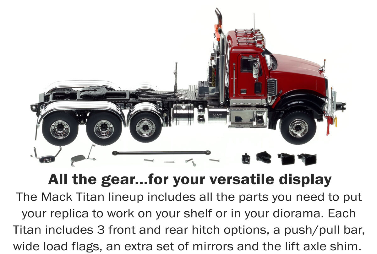 Accessories included with the 1:50 Mack Titan Tri-axle Tractor - Red over Black with Black Fenders