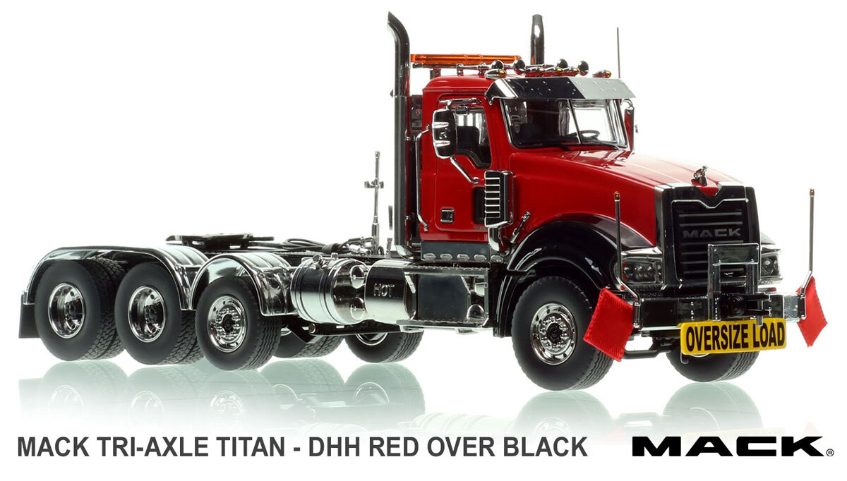 1:50 scale diecast model of Mack Titan Tri-axle Tractor - DHH Red over Black with Black Fenders