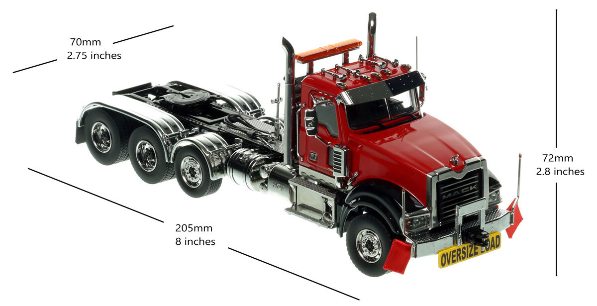 Dimensions of 1:50 Mack Titan Tri-axle Tractor - Red over Black with Black Fenders