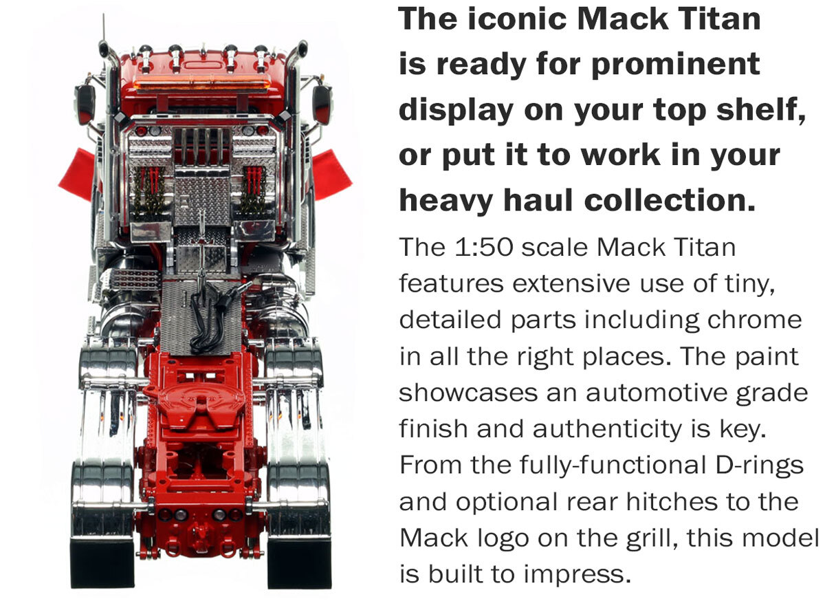 Functionality of the 1:50 Mack Titan Tri-axle Tractor - Red over Red