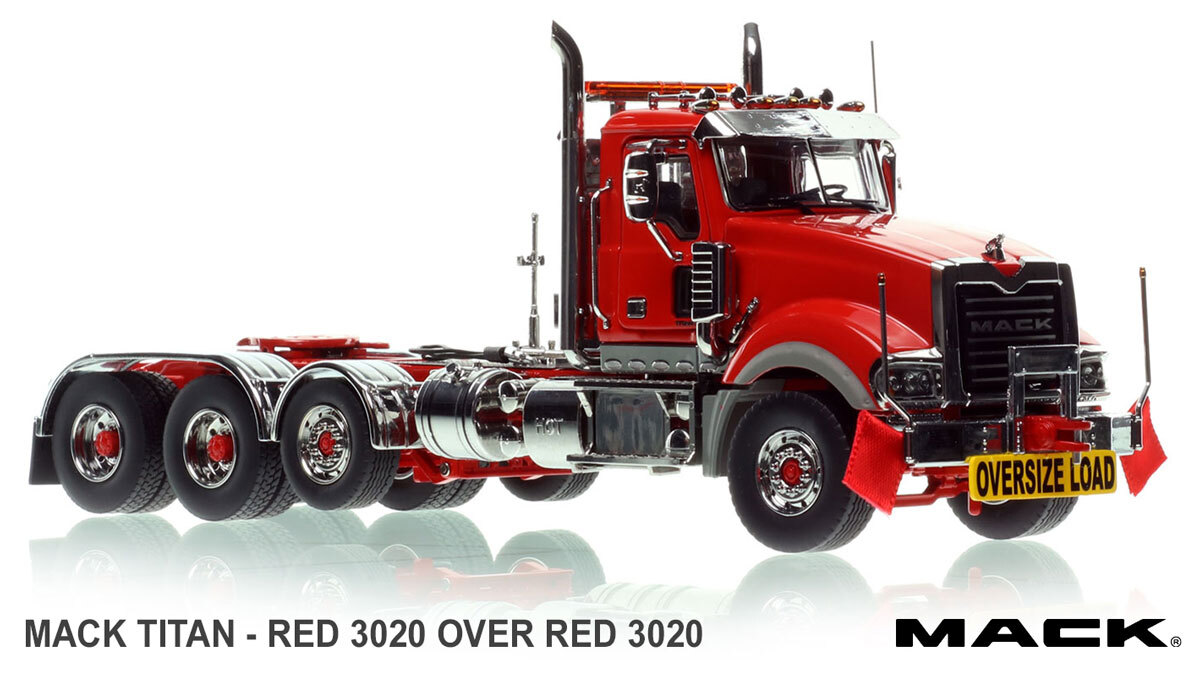 1:50 scale diecast model of Mack Titan Tri-axle Tractor - Red 3020 over Red 3020