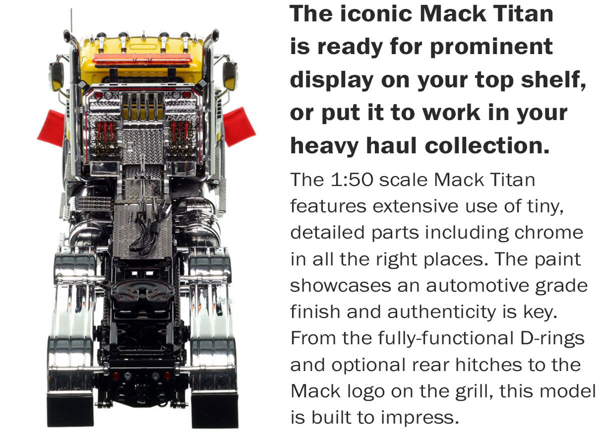 More functionality of the 1:50 scale Mack Titan Tri-axle Tractor - Yellow over Black