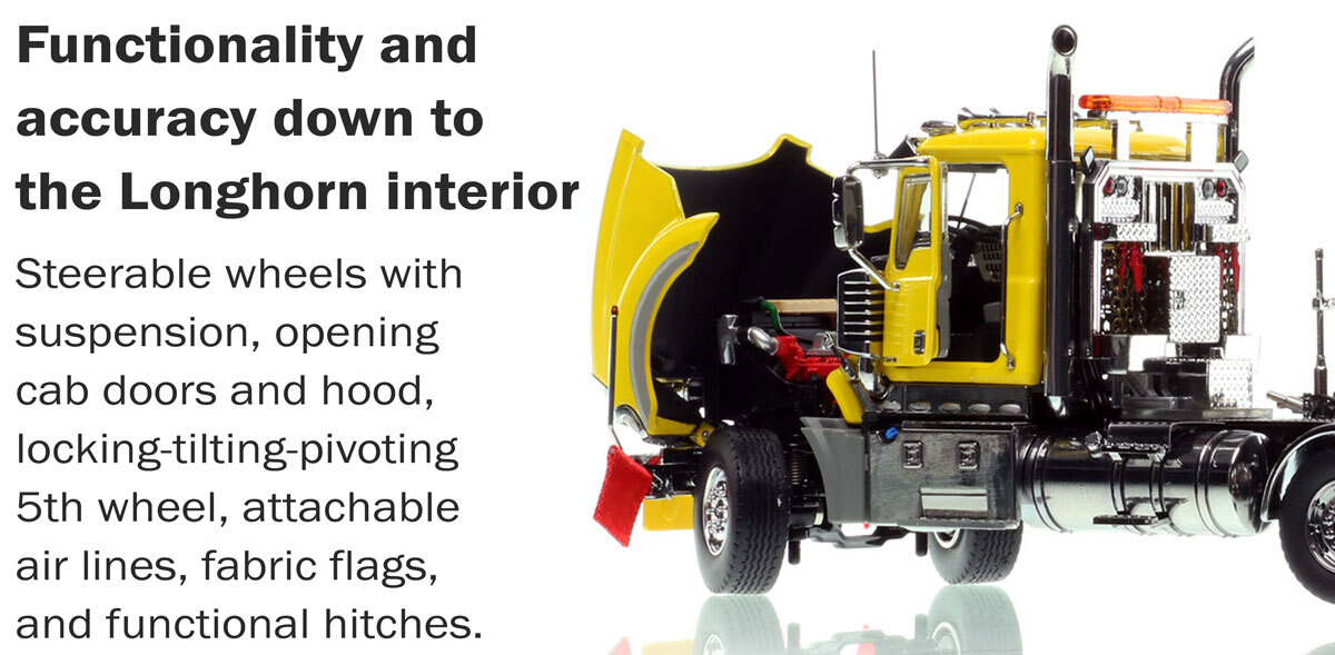 Functionality of 1:50 scale Mack Titan Tri-axle Tractor - Yellow over Black