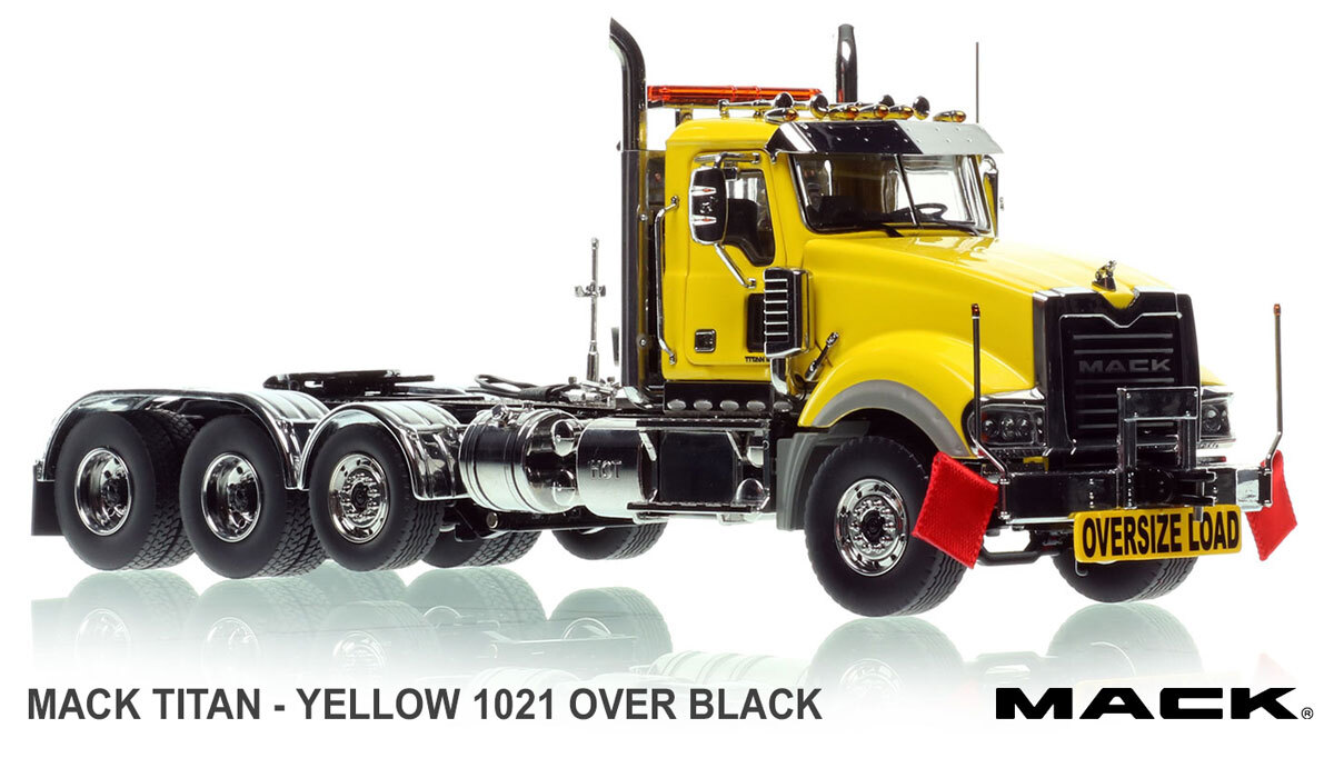 1:50 scale diecast model of Mack Titan Tri-axle Tractor - Yellow 1021 over Black