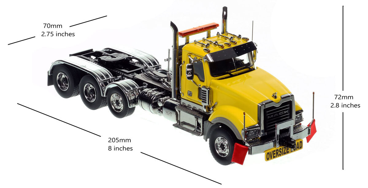 Dimensions of 1:50 scale Mack Titan Tri-axle Tractor - Yellow over Black
