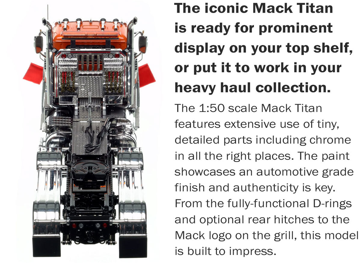 Heavy Haul Replicas Mack Titan Tri-axle Tractor - Orange over Black