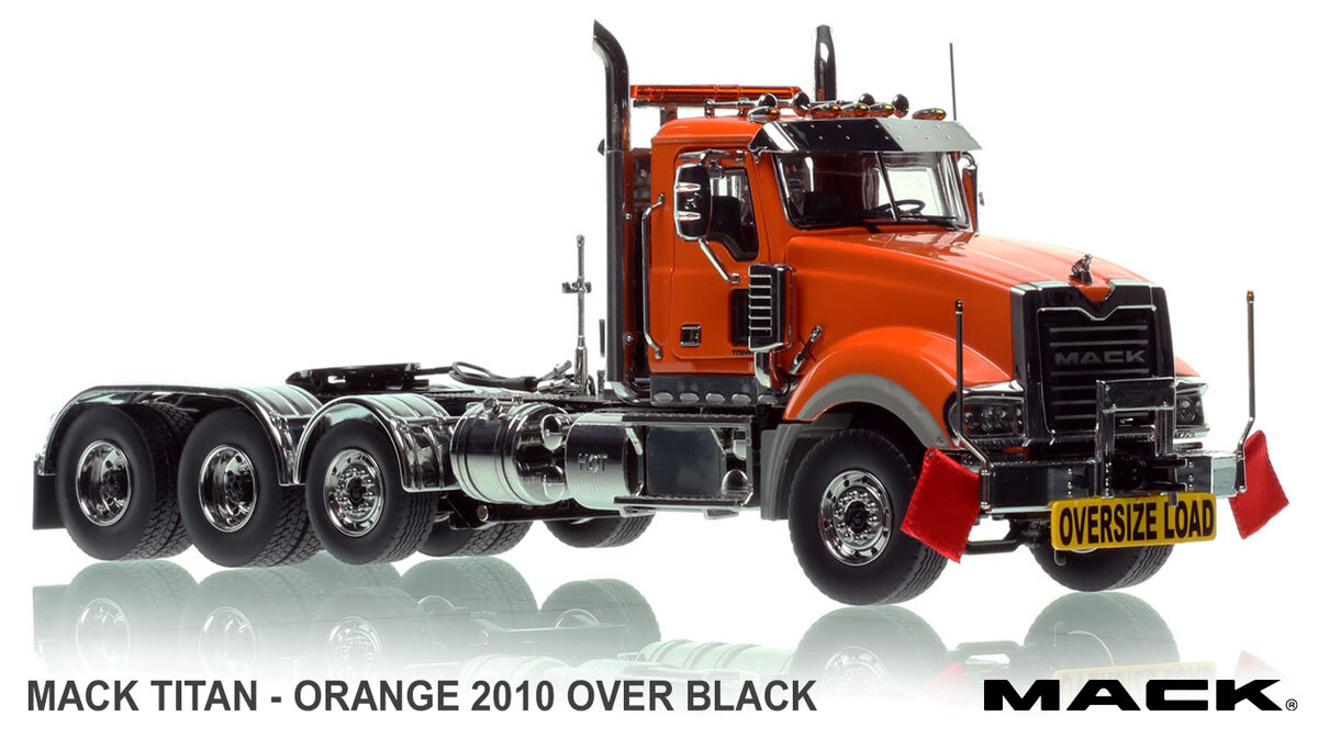 1:50 scale diecast model of  Mack Titan Tri-axle Tractor - Orange 2010 over Black