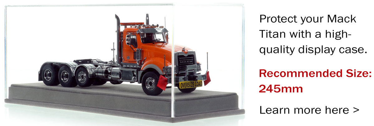 Display case for 1:50 scale Mack Titan Tri-axle Tractor - Orange over Black