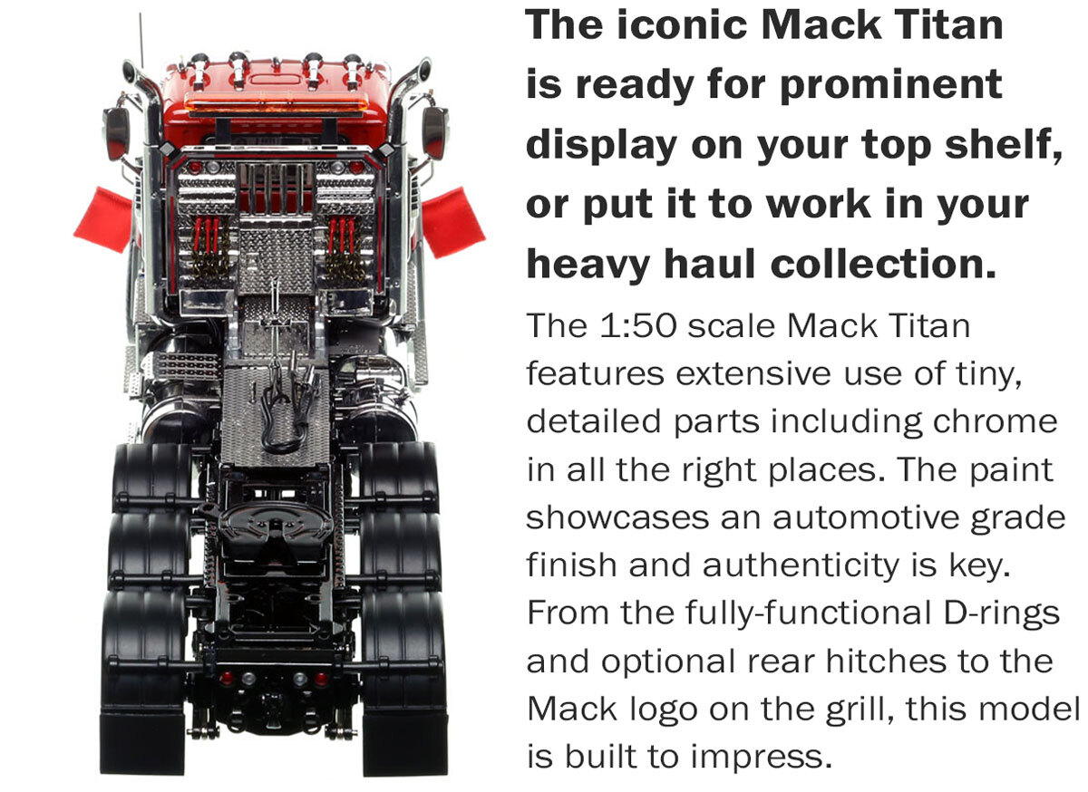 Functionality of the 1:50 scale Mack Titan Tri-axle Tractor - Red over Black