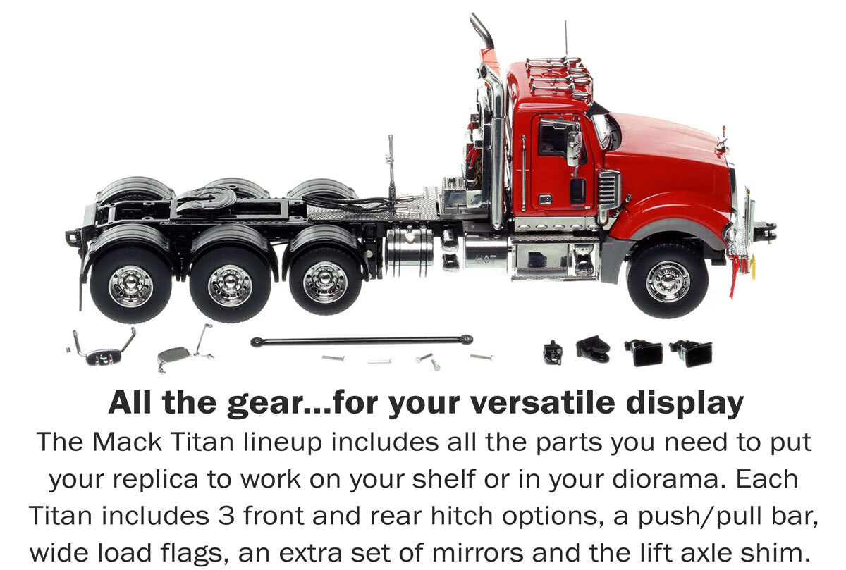 Accessories included with 1:50 scale Mack Titan Tri-axle Tractor - Red over Black