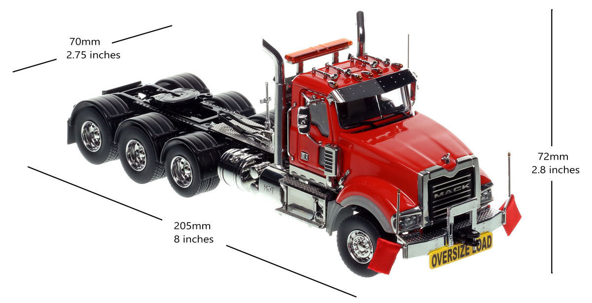 Dimensions of 1:50 Mack Titan Tri-axle Tractor - Red over Black