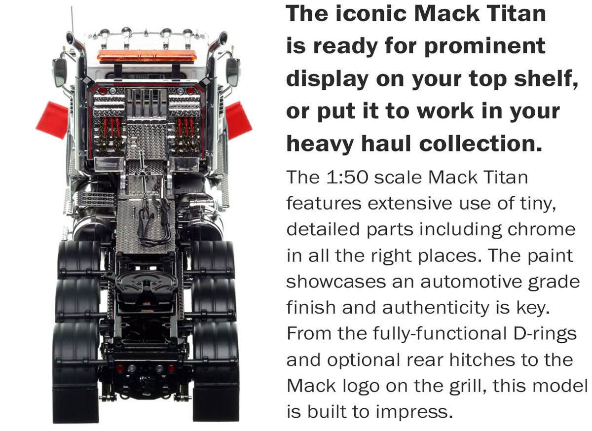 Functionality of 1:50 scale Mack Titan Tri-axle Tractor - White over Black