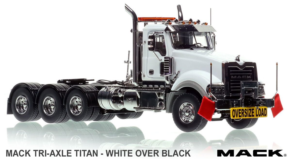 1:50 scale diecast model of Mack Titan Tri-axle Tractor - White over Black