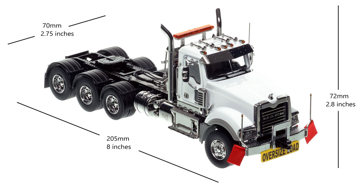 Dimensions of 1:50 scale Mack Titan Tri-axle Tractor - White over Black
