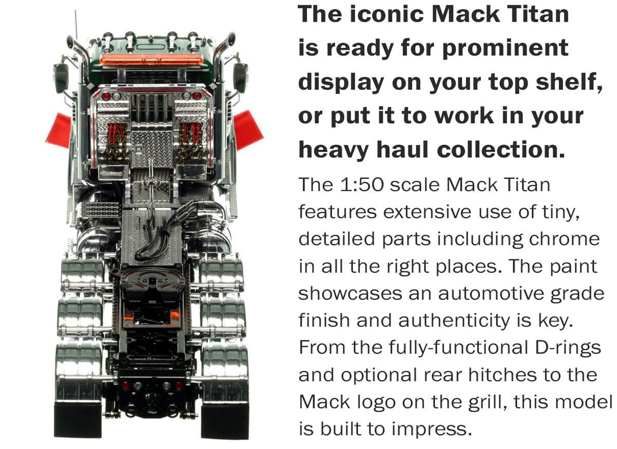 Functionality of 1:50 scale Mack Titan Tri-axle Tractor - Green over Black