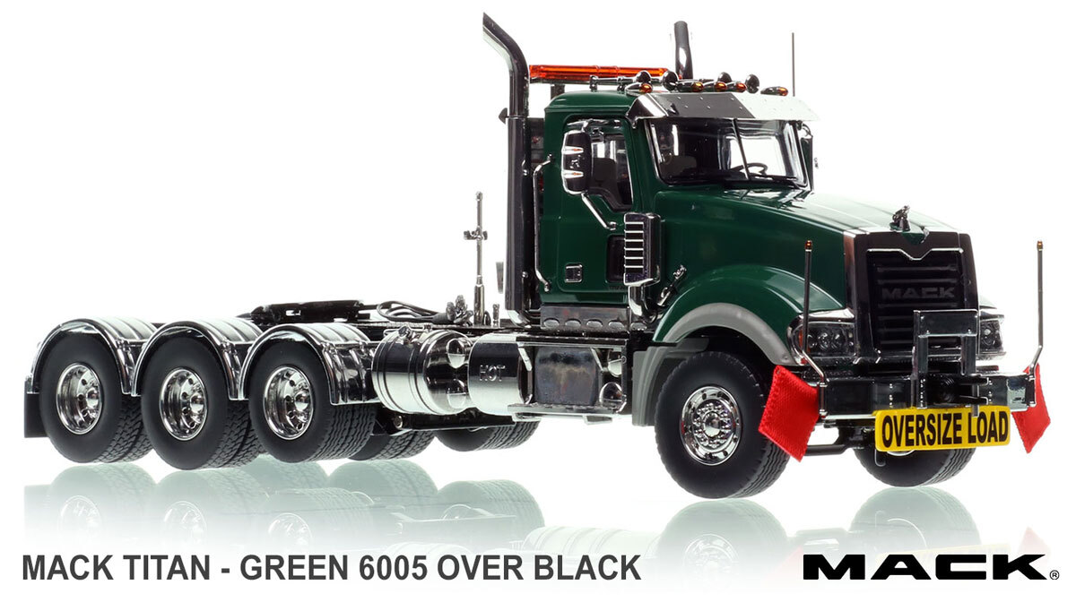 1:50 scale diecast model of Mack Titan Tri-axle Tractor - Green 6005 over Black