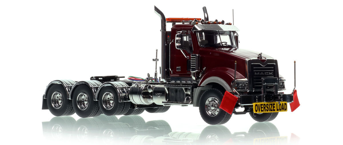 1:50 scale diecast model of Mack Titan Tri-axle Tractor - Metallic Burgundy over Black