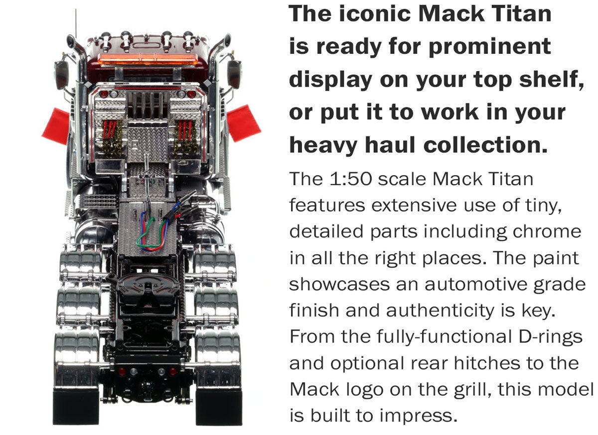 Functionality of 1:50 scale Mack Titan Tri-axle Tractor - Metallic Burgundy over Black