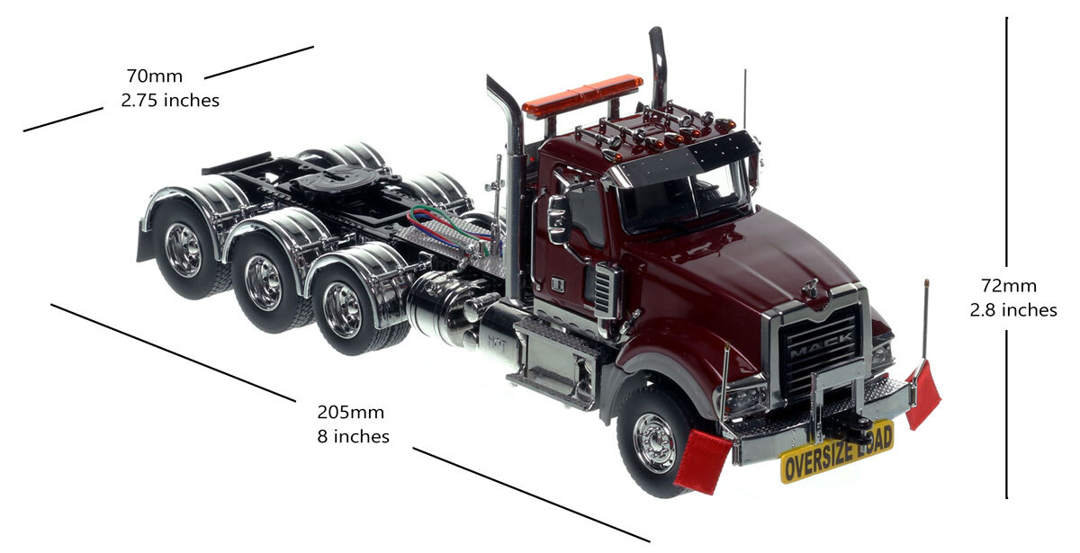 Dimensions of 1:50 scale Mack Titan Tri-axle Tractor - Metallic Burgundy over Black