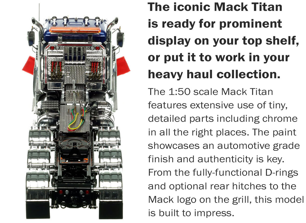 Functionality of 1::50 scale Mack Titan Tri-axle Tractor - Metallic Blue over Black