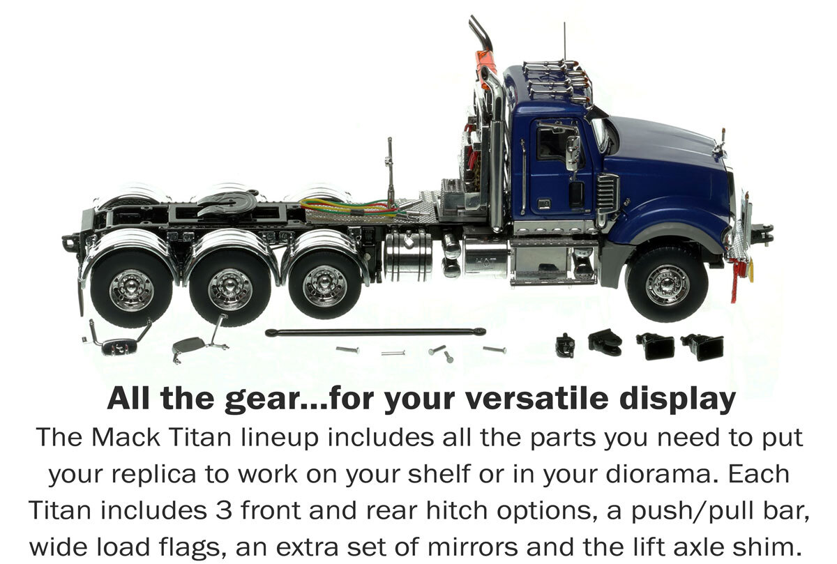 Accessories for 1:50 scale Mack Titan Tri-axle Tractor - Metallic Blue over Black