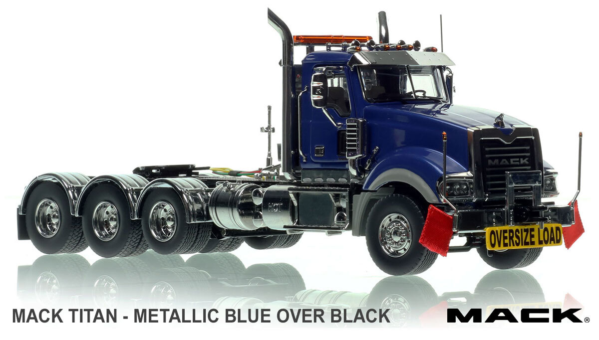 1:50 diecast model of  Mack Titan Tri-axle Tractor - Metallic Blue over Black