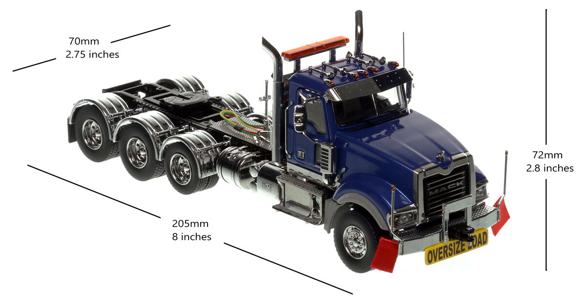 Dimensions of 1:50 scale Mack Titan Tri-axle Tractor - Metallic Blue over Black