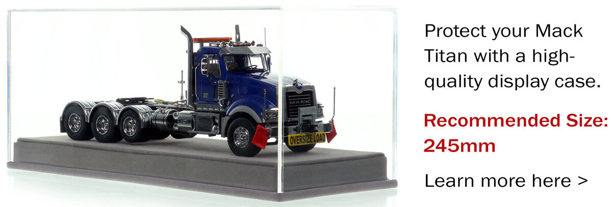 Display case for 1:50 scale Mack Titan Tri-axle Tractor - Metallic Blue over Black