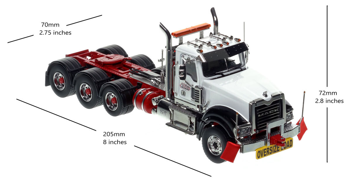 Dimensions of 1:50 scale  T.J. Potter Trucking Mack Titan Tri-axle Tractor