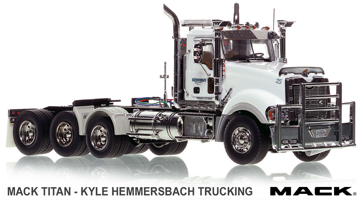 1:50 scale model of Kyle Hemmersbach Trucking 2009 Mack Titan Tri-axle Tractor